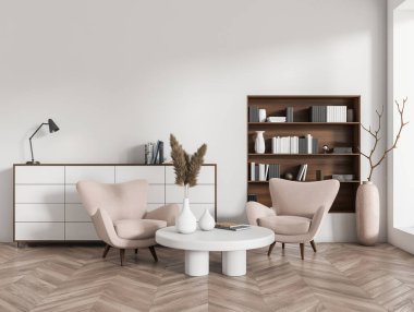 İçi aydınlık oturma odası, iki koltuk, büfe ve rafta süsleme, ahşap zeminde kurumuş çiçekli vazo. Mokup boş beyaz duvar, 3B görüntüleme