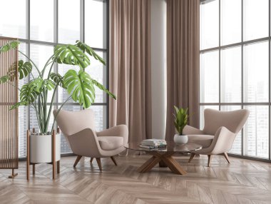 Bej rengi, içi iki koltuklu, yan manzaralı, kahve masalı misafir köşesi ve ahşap zeminde bitki. Singapur şehir manzarasında panoramik pencere. 3B görüntüleme