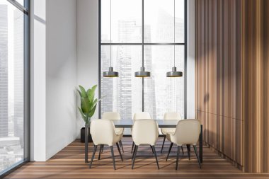 Beyaz oturma odası içinde masa ve sandalyeler, ön manzara, ahşap zemin. Singapur şehir manzarasında panoramik pencere. Lambalı minimalist toplantı alanı. 3B görüntüleme