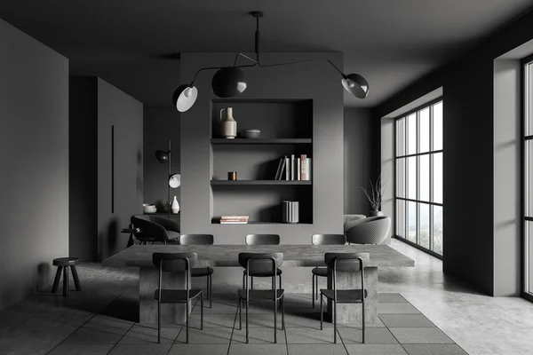 Studio Apartament Wnętrze Krzesłami Stołem Chill Space Półką Dekoracją Widok — Zdjęcie stockowe