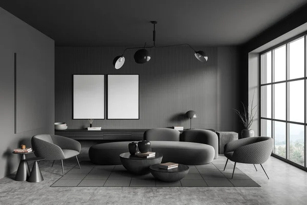 黑暗的客厅内部 沙发和两个扶手椅 咖啡桌和装饰梳妆台 地毯灰色混凝土地板 全景窗口 两张模拟海报 3D渲染 — 图库照片