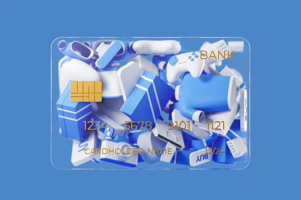 青の背景 ショッピング エンターテイメント ギフトの購入にクレジットカード 購入と電子商取引の概念 3Dレンダリング — ストック写真