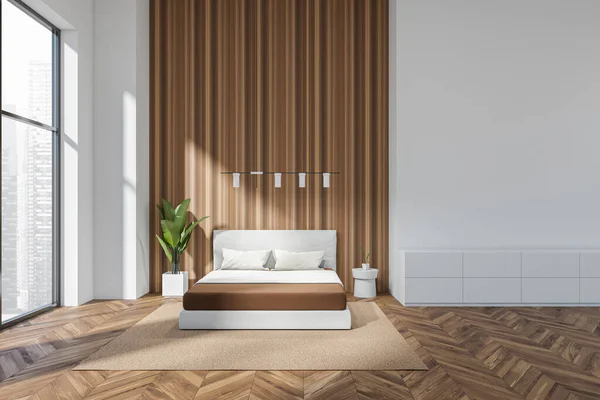Witte Slaapkamer Interieur Met Bed Nachtkastje Met Decoratie Uitzicht Voorkant — Stockfoto