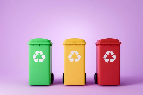 Row Three Colorful Garbage Bins Wheels Purple Background Concept Reduce — Stock Photo, Image