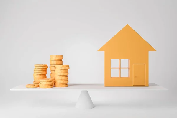 ライトグレーの背景にバランススケール上の家と黄金のコイン 住宅ローン お金の節約と金融ローンの概念 3Dレンダリング — ストック写真