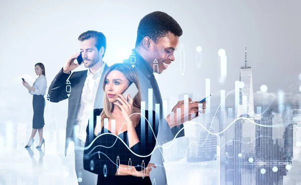 White and black people working with smartphone, texting and calling. Double exposure with forex diagrams, stock market chart with candlesticks, New York cityscape. Concept of teamwork