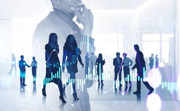 Black businessman thinking profile, business people silhouettes working together. Double exposure of forex diagrams, financial chart with candlesticks. Concept of conference