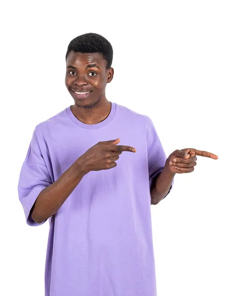 Portrait Homme Afro Américain Shirt Souriant Doigt Pointant Vers Côté — Photo