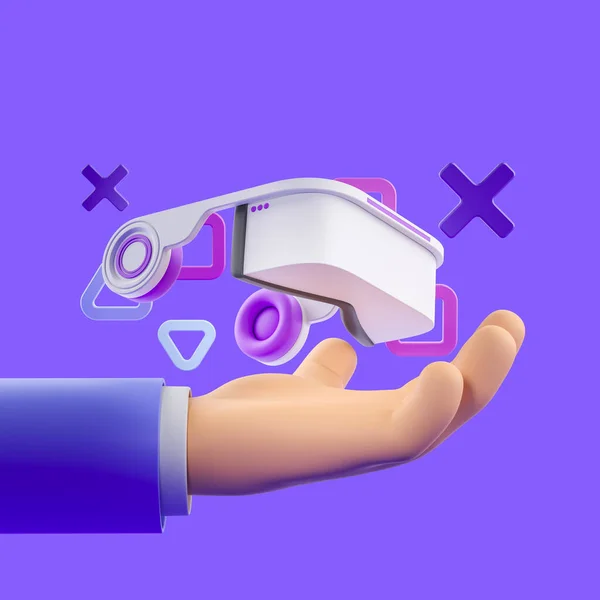 Cartoon Hand Hold Futuristic Glasses Purple Background Digital World Entertainment — Stock Photo, Image