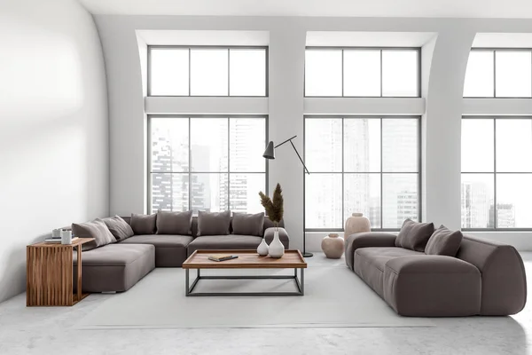 Stylish Relax Space Interior Sofa Coffee Table Carpet Light Concrete — Stock Photo, Image