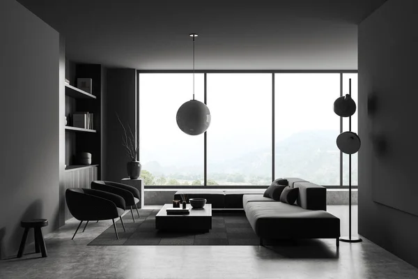 深色客厅 沙发和两张扶手椅 铺有装饰地毯的咖啡桌 灰色混凝土地板 乡村的全景窗户 3D渲染 — 图库照片