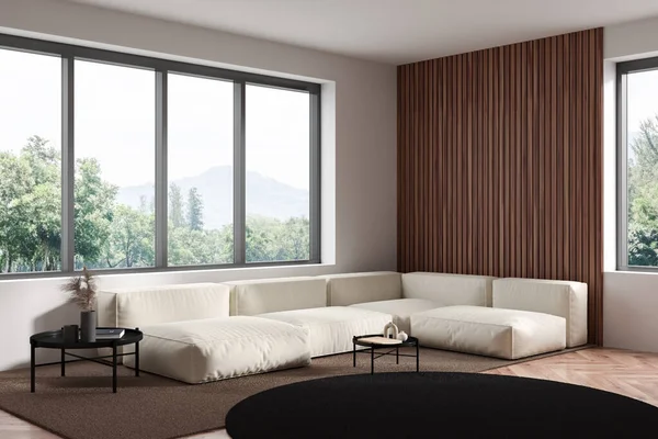 Interior Elegante Espaço Relaxante Branco Com Sofá Vista Lateral Mesa — Fotografia de Stock