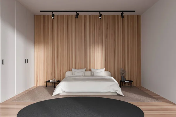白色卧铺在地毯上 床头柜装饰 前视镜 浅硬木地板 复制空白的墙壁 3D渲染 — 图库照片