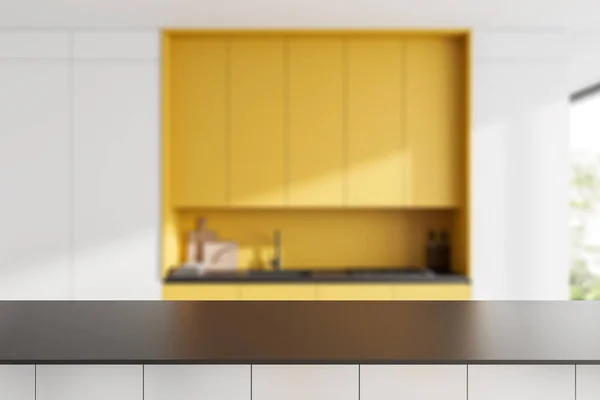 Black Countertop Background White Kitchen Interior Kitchenware Yellow Shelf Panoramic — Stock Photo, Image