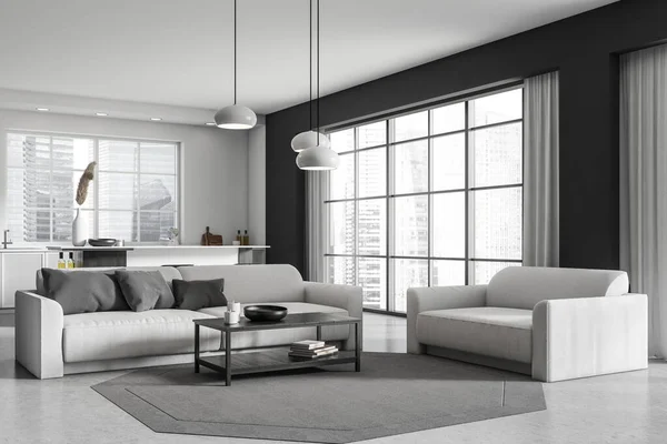 Interior Studio Modern Dengan Sofa Dan Meja Kopi Tampilan Samping — Stok Foto