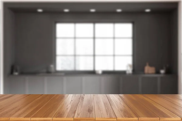 Drewniany Blat Tle Wnętrza Czarnej Kuchni Przyborami Kuchennymi Panoramicznym Oknem — Zdjęcie stockowe