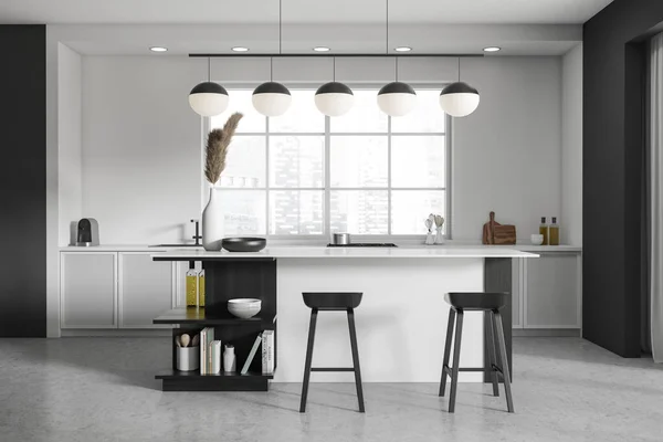 Interior Cozinha Moderna Com Cadeiras Bar Bancada Piso Concreto Cinza — Fotografia de Stock