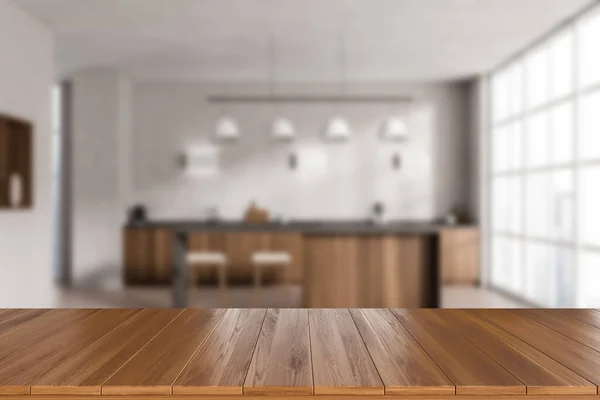 Wooden Countertop Background Beige Kitchen Interior Panoramic Window Mockup Copy — 图库照片
