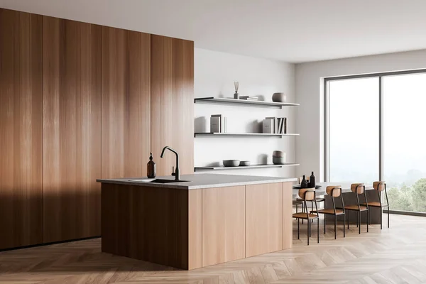 Interior Cozinha Branca Com Mesa Jantar Cadeiras Chão Madeira Vista — Fotografia de Stock