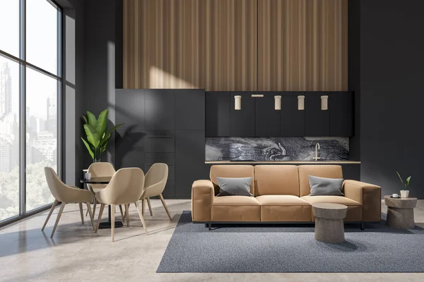 Hotel Studio Interieur Met Eettafel Stoelen Bank Keuken Apparatuur Vooraanzicht — Stockfoto