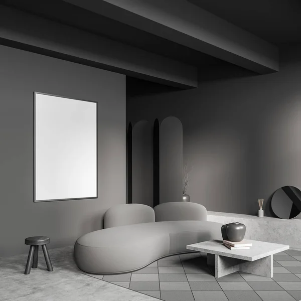 深色客厅 侧视图 咖啡桌和讲台装饰 地毯灰色混凝土地板 把空白海报装模作样 3D渲染 — 图库照片