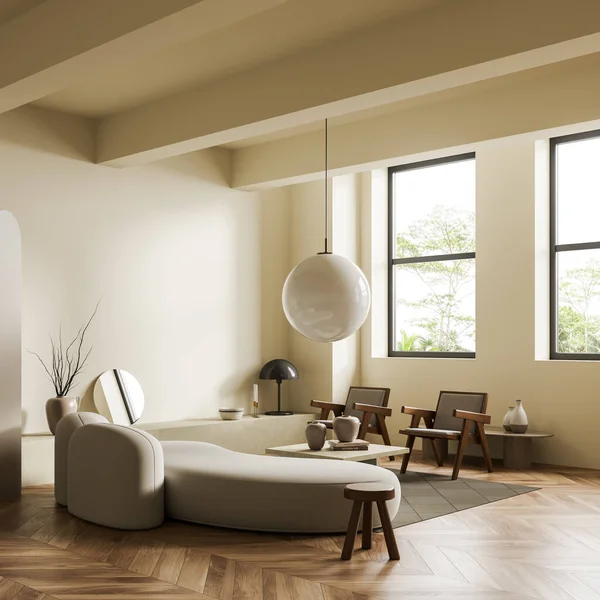 米色客厅 有沙发 两张扶手椅 有装饰的咖啡桌 侧视图 乡村全景窗 模拟空光墙 3D渲染 — 图库照片