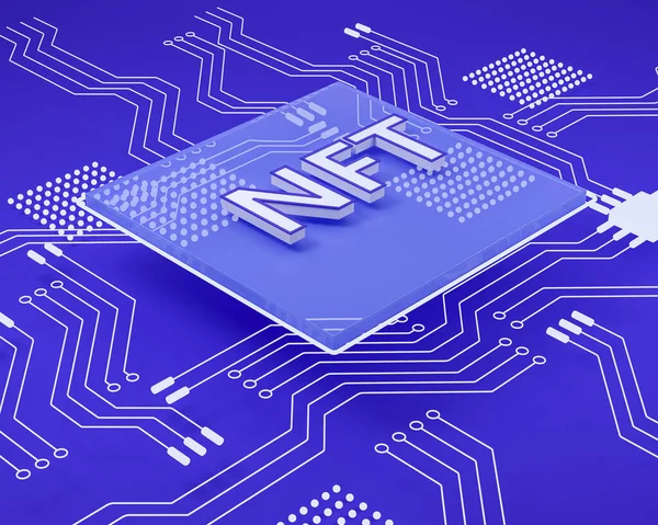 NFT and computer processor microchip, bright blue background. Circuit lines, graphics and mining. Concept of e-business and cryptocurrency. 3D rendering