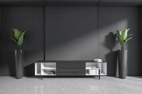 ラック上のサイドボードや書籍とダークオフィスのインテリア グレーのコンクリート床に2つの植物 ビジネスホールでのミニマリストの装飾 モックアップ空の壁 3Dレンダリング — ストック写真