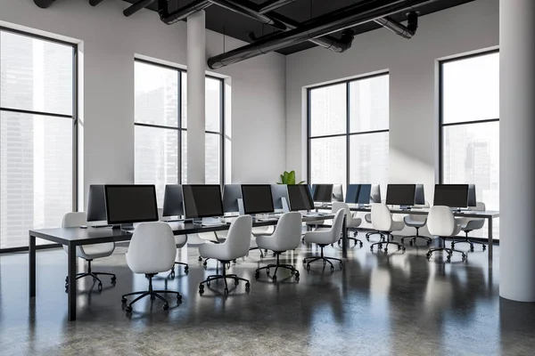 Dark Business Interior Armchairs Computer Row Side View Grey Concrete — Stock Photo, Image