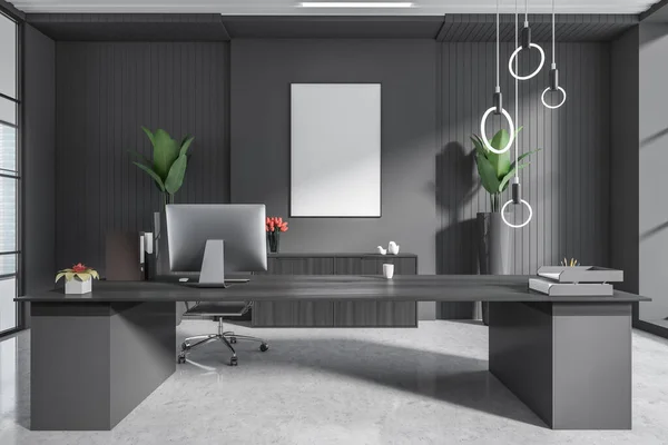 Dark Consulting Room Interior Computer Desk Armchair Grey Concrete Floor — Stock Photo, Image