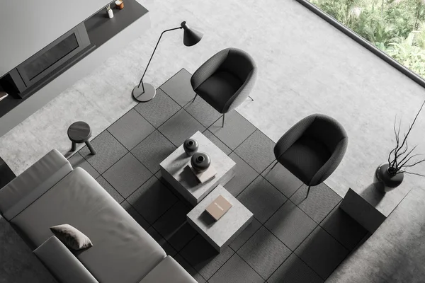 室内有沙发和扶手椅 壁炉和有装饰的咖啡桌 灰色混凝土地板 热带地区的窗户 3D渲染 — 图库照片