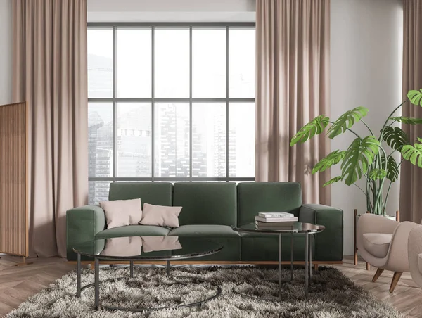 stock image Beige lounge zone interior with sofa and coffee table with decoration, plant on hardwood floor. Panoramic window with curtains, Singapore city view. 3D rendering