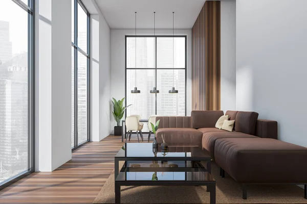 Branco Relaxar Interior Com Sofá Poltronas Com Mesa Tapete Chão — Fotografia de Stock