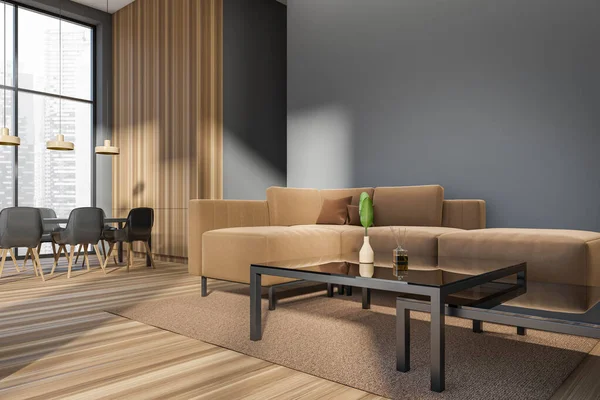 客房室内黑暗 沙发和扶手椅与桌子 侧视图 地毯在硬木地板上 新加坡城市全景窗口 模拟空墙 3D渲染 — 图库照片