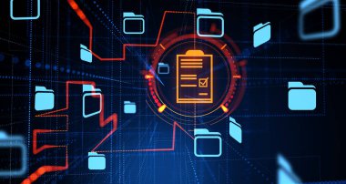 Document management system hologram, glowing contract signed and electronic business files. Concept of online database and information storage clipart