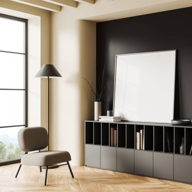 Oturma odasındaki gri şifoniyerin üzerinde beyaz ve gri duvarları, tahta zemini ve bulanık dağ manzaralı pencerenin yanında duran koltuğu olan posterle alay et. 3d oluşturma