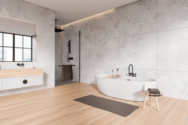 Modern otel banyosunun içinde lavabo, cam bölme arkasında duş ve aksesuarlı küvet. Modern tasarımlı şık bir banyo köşesi. 3B görüntüleme