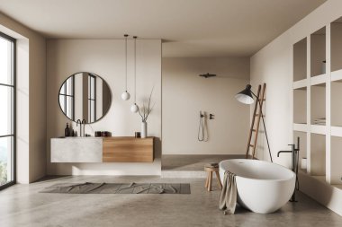 Banyonun içi küvetli, lavabosu duşlu, havluyla beton merdivenli. Kırsal kesimde panoramik pencere. 3B görüntüleme