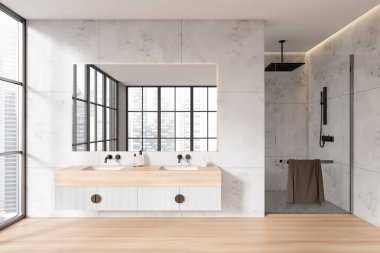 Şık bir otel banyosu, çift lavabo ve cam kapının arkasında duş, şehir manzarasında panoramik pencere. Minimalist tasarımı olan modern banyo alanı. 3B görüntüleme