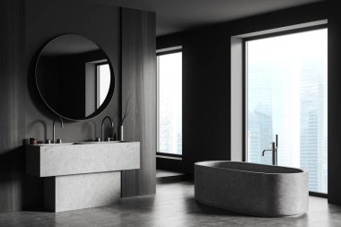 Çift lavabolu, küvetli, Singapur gökdelenlerinde panoramik pencereli koyu bir banyo. Modern tasarımlı minimalist otel banyo köşesi. 3B görüntüleme
