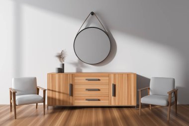 Beyaz duvarları, ahşap zemini, üzerinde yuvarlak ayna ve iki beyaz koltuğu olan şık bir oturma odası. 3d oluşturma