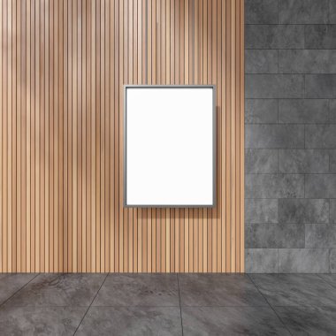 Ahşap duvarda, gri beton döşeme döşemeleri olan bir pano. Reklam ve pazarlama. 3B görüntüleme