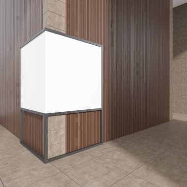 Bej ve koyu ahşap duvarlı, döşemeli ve duvarında poster çerçevesi olan şık bir ofis köşesi. Reklam kavramı. 3d oluşturma