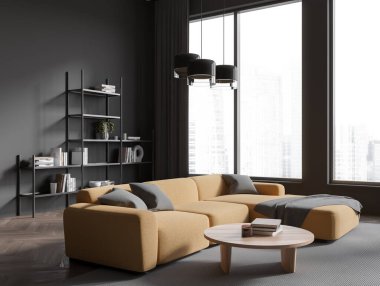 İçinde kanepe ve sehpa olan koyu renk oturma odası. Sanat dekorasyonu ve kütüphanesi olan yan görüş rafı. Gökdelenlerde panoramik penceresi olan modern serin bir alan. 3B görüntüleme