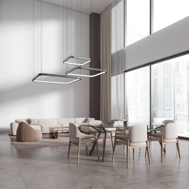 Beyaz oturma odasının içinde yemek masası ve kanepe ve koltuk var. Şehir manzarası panoramik pencereli modern apartman tasarımı. 3B görüntüleme