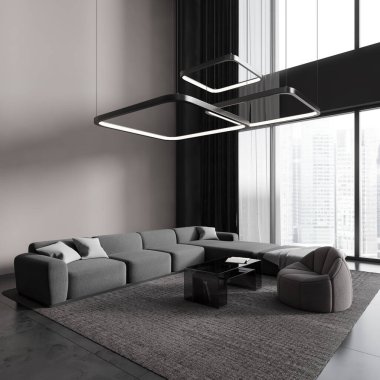 Kahverengi oturma odası, yumuşak bir yer, yan manzara koltuğu ve halıda sehpası olan koltuk, gri beton döşeme. Soğuk köşe ve gökdelenlerin panoramik penceresi. 3B görüntüleme