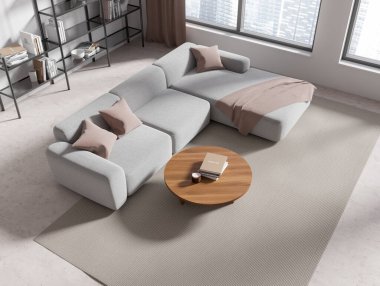 Modern oturma odasının beyaz duvarları, beton zemin, rahat, açık gri kanepe, yuvarlak sehpa ve kitaplık manzarası. Bulanık şehir manzaralı bir pencere. 3d oluşturma