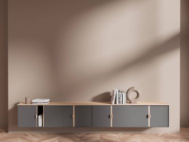 Oturma odasının içinde yüzen büfe, dekorasyon ve ahşap döşeme var. Model uzay bej duvarlı şık sergi alanı. 3B görüntüleme