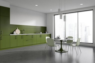 Beyaz ve yeşil mutfak, yemek masası ve sandalyeler, dolaplı ve mutfak gereçli yan görüş köşesi. Gökdelenlerin panoramik penceresi. 3B görüntüleme