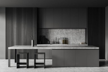 Gri duvarları, beton zemini, gri ve ahşap dolapları ve tabureli bar tezgahı olan şık bir mutfak. 3d oluşturma